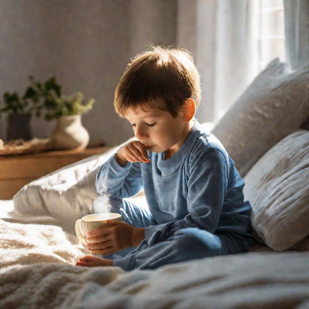 Мальчик 4 лет в постели с чашкой ромашкового чая