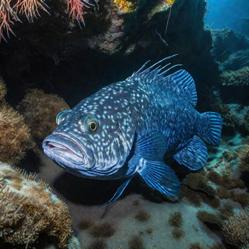 Синяя зубатка, затаившаяся среди камней на морском дне