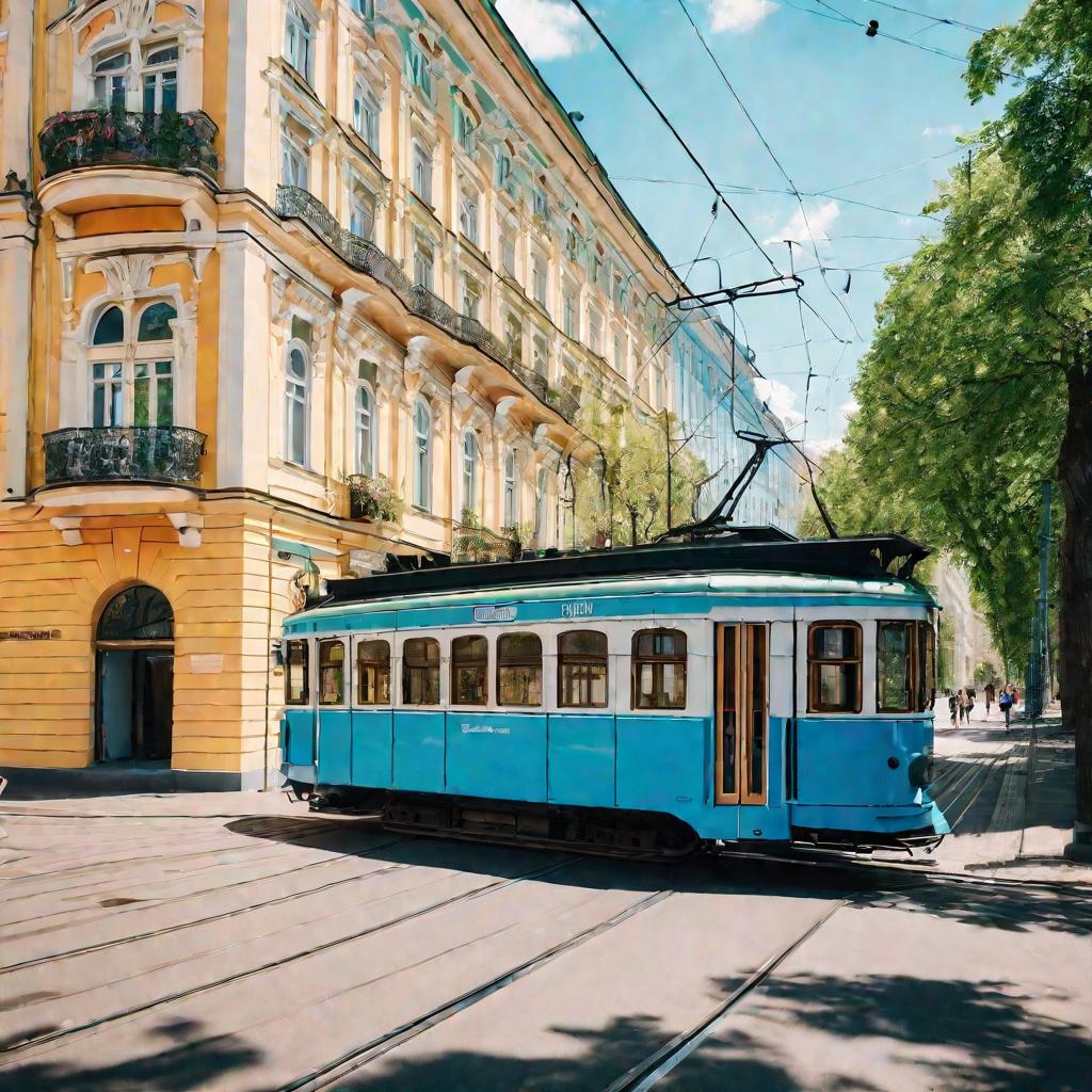 Ретротрамвай на улице летом