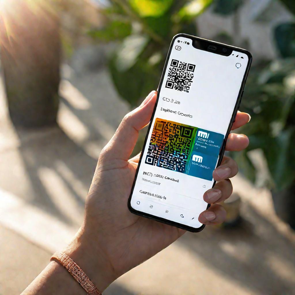 Женщина держит в руках два смартфона Xiaomi, на экранах приложения Контакты и сканирование QR-кода для импорта контактов. Ярко светит солнце с мягкими тенями. Настроение спокойное и сосредоточенное, пока женщина переносит важные контакты на свой новый Xia