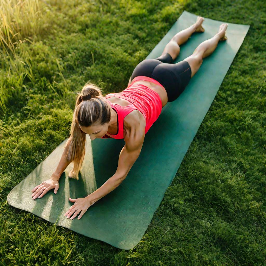 Женщина, выполняющая отжимания на йога мате на зеленой лужайке на рассвете