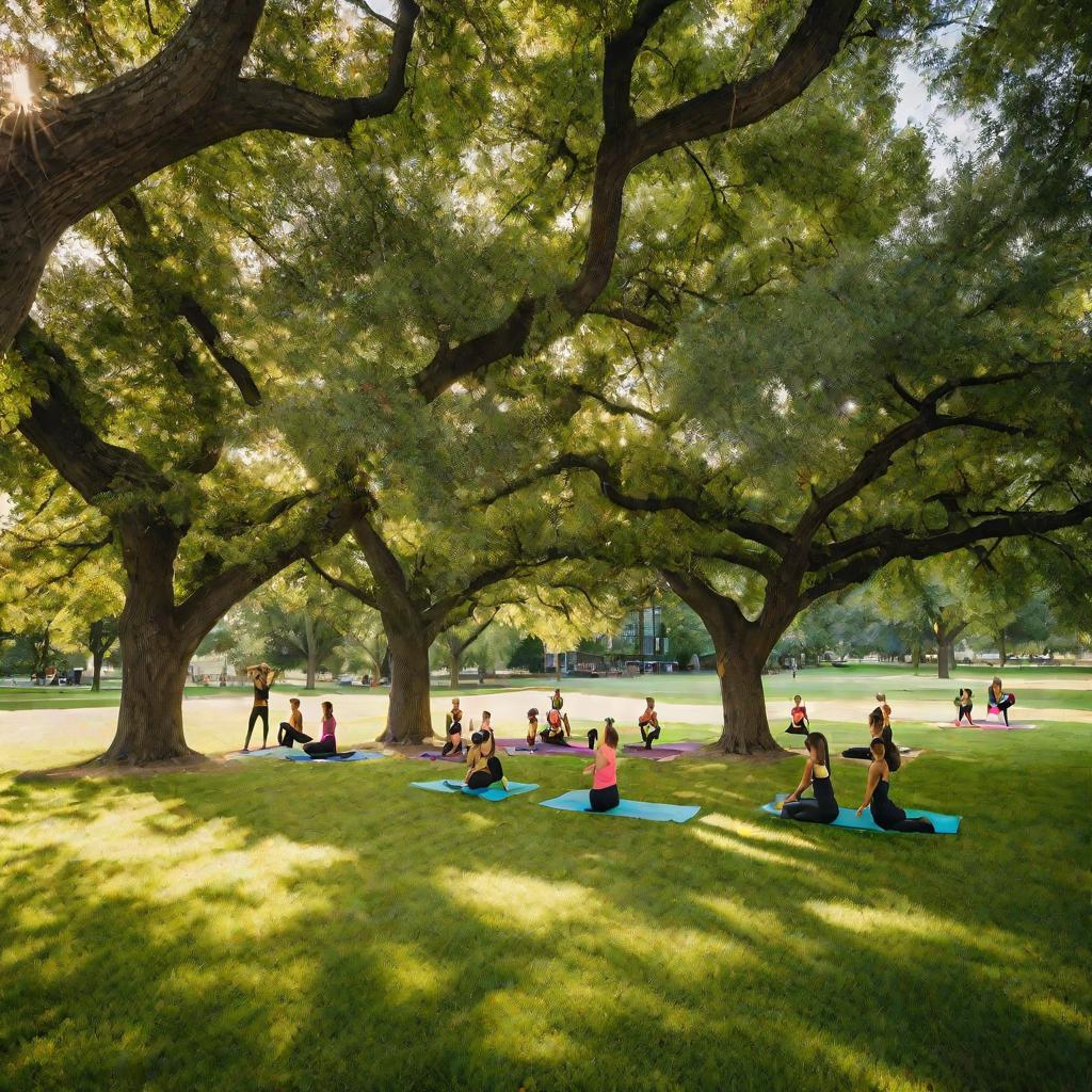 Группа женщин на открытом воздухе выполняет упражнения бодифлекса в парке