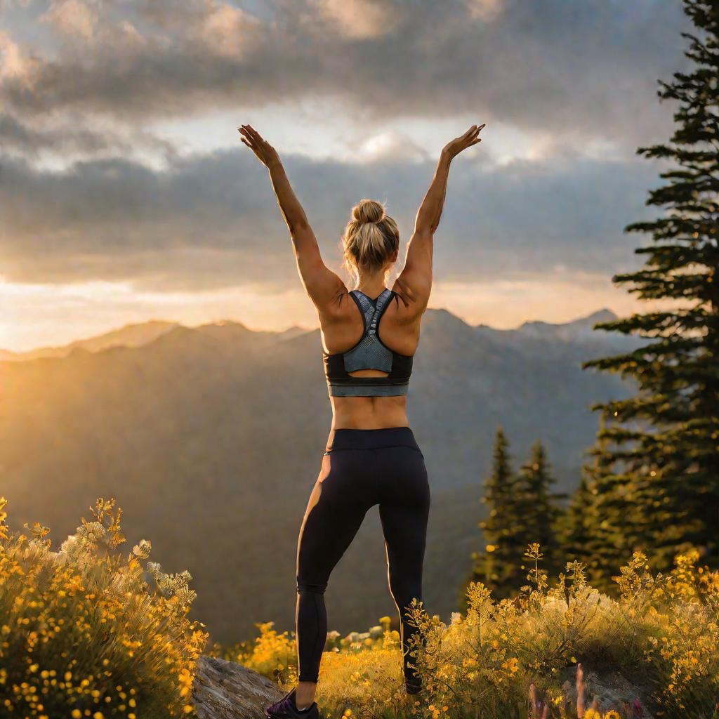 Женщина стоит на вершине горы на рассвете после утренней тренировки боди флекс.