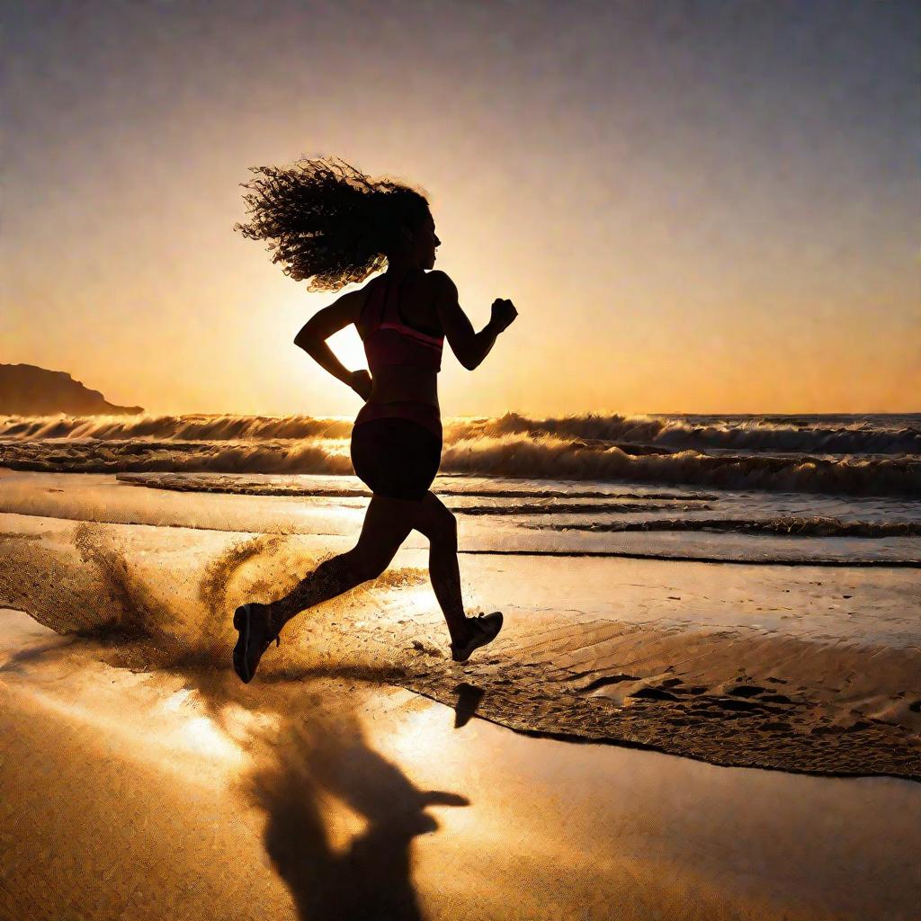 Женщина бежит по пляжу на закате