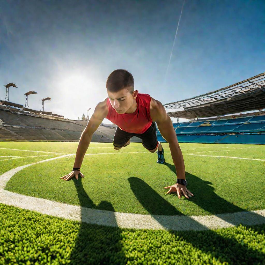Молодой спортсмен делает берпи на травяном поле стадиона в солнечное летнее утро