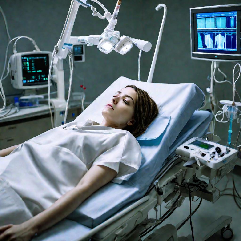 Женщина лежит без сознания на больничной койке, подключенная к капельнице
