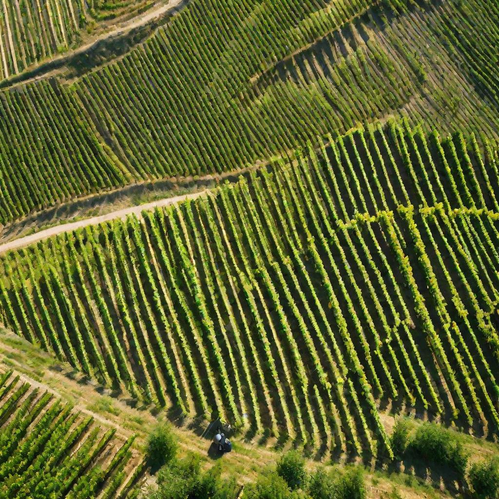 Вид сверху на бесконечные, тщательно подстриженные виноградники на склонах Кавказских гор в яркий солнечный летний день, с крошечными работниками, идущими между рядами и осматривающими лозы, усыпанные сочными, спелыми виноградными гроздьями, готовыми к сб