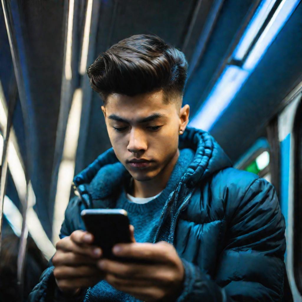 Парень смотрит телефон в метро ночью