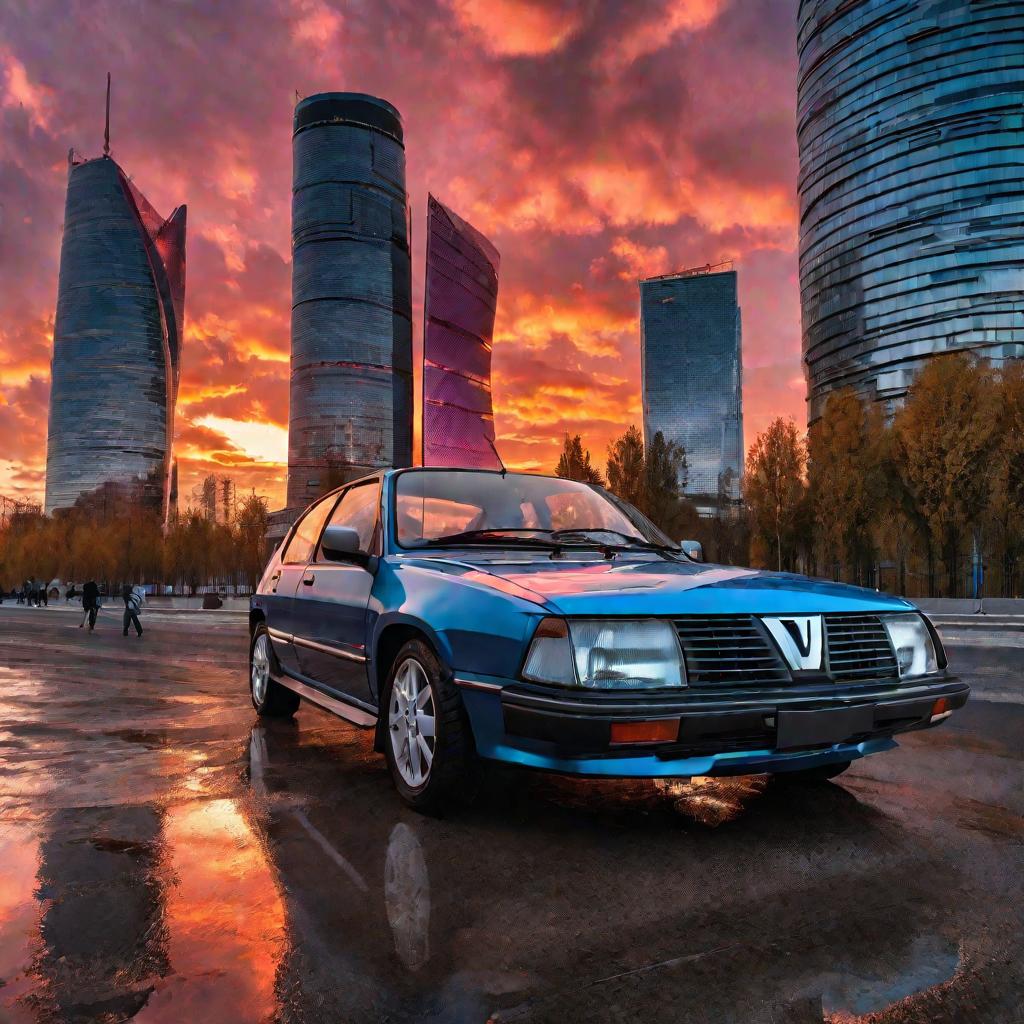 Механик меняет масляный фильтр на Renault в Москве на фоне заката