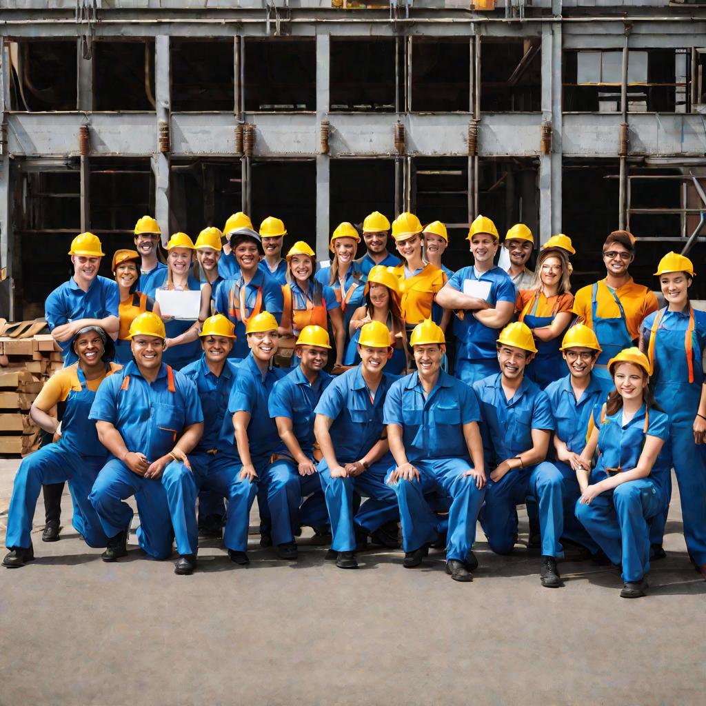 Групповая фотография 20 веселых рабочих завода, позирующих вместе перед большим промышленным зданием в солнечный летний день. Они одеты в рабочую униформу и защитные каски. Некоторые держат инструменты и награды. Они гордо улыбаются в камеру.