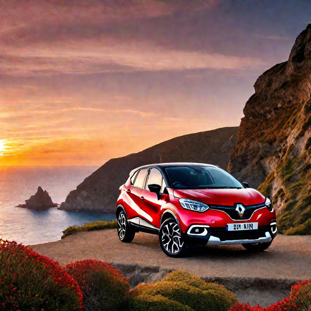 Красный кроссовер Renault Captur на фоне океана во время заката.