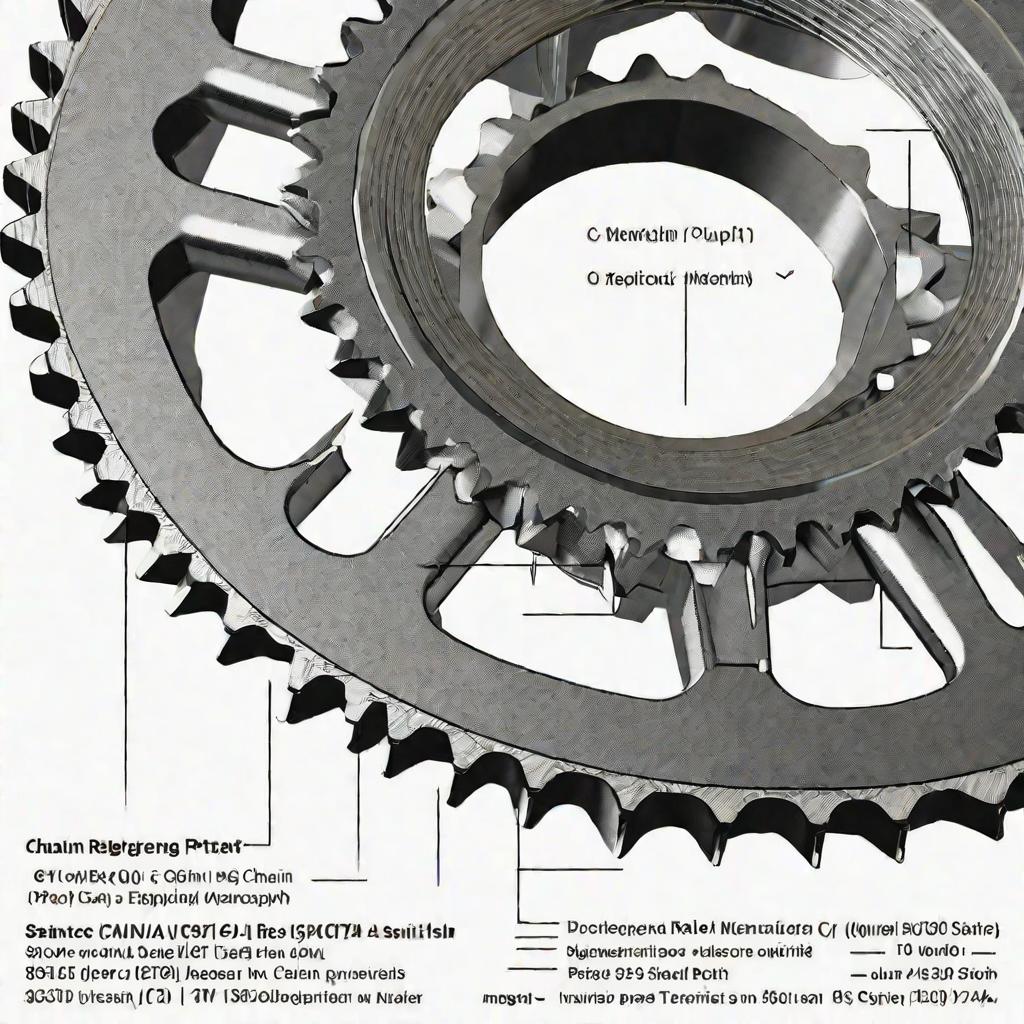 Макрофотография чертежа c техническими характеристиками звездочки для роликовой цепи. Изображение на белом фоне с диаграммой звездочки, выполненной черными чернилами. Мелкие пояснения указывают размеры, допуски, число зубьев, материалы и другие технически