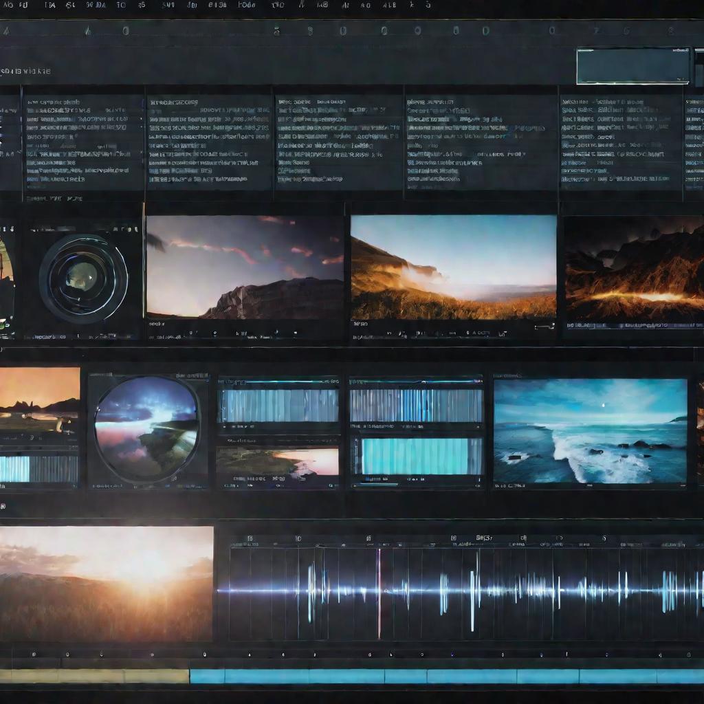 Средний план монтажного стола с несколькими видеоклипами, расположенными в виде коллажа. Между клипами присутствуют переходы и стилизованные текстовые оверлеи. Шкала времени отображается на мониторе в слабо освещенной комнате для монтажа.