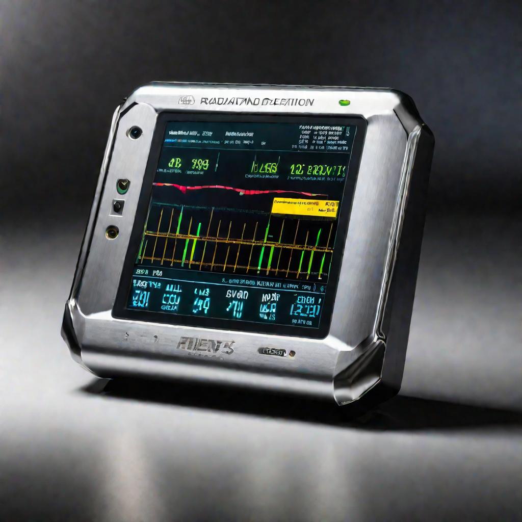 Крупный план снизу: цифровой детектор радиации на столе.