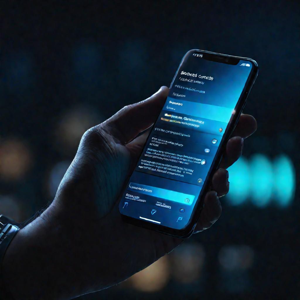 Рука держит смартфон с подсвеченным экраном и черным списком ночью.