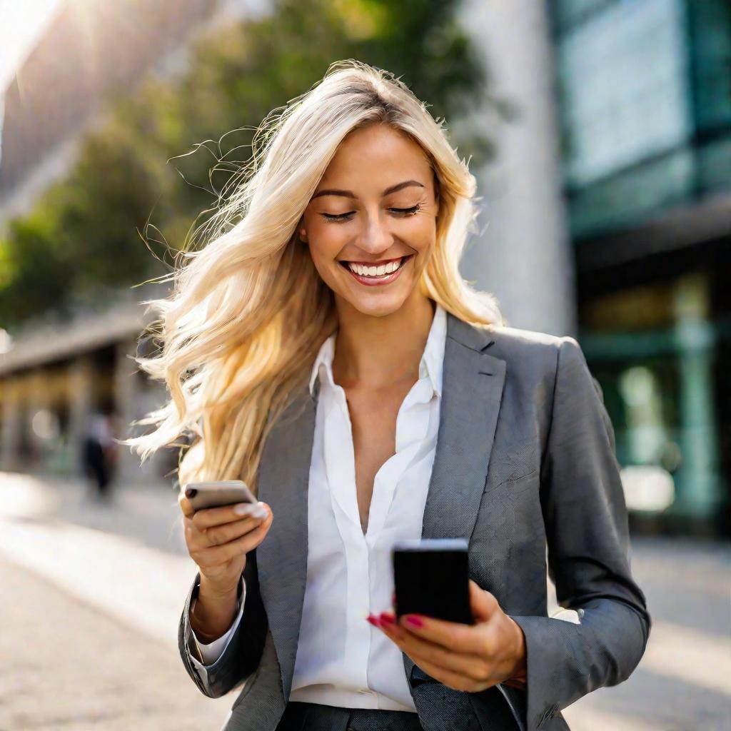 Портрет улыбающейся женщины смотрящей в смартфон на солнечной улице.