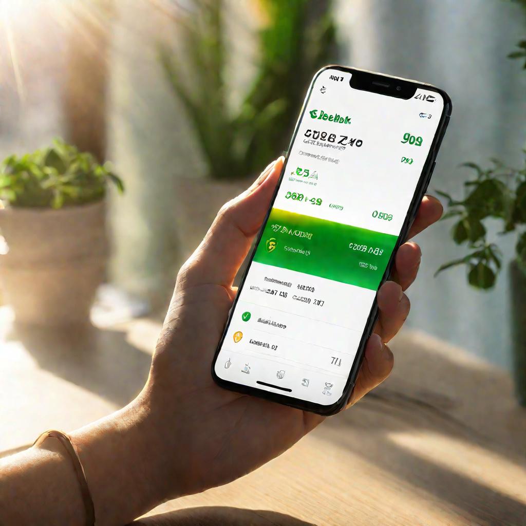 Подробный кинематографический вид руки, держащей смартфон с приложением Сбербанк Онлайн, на экране которого видны банковские реквизиты и иконка печати. В окно льется солнечный свет, создавая яркое естественное освещение и радостное настроение.