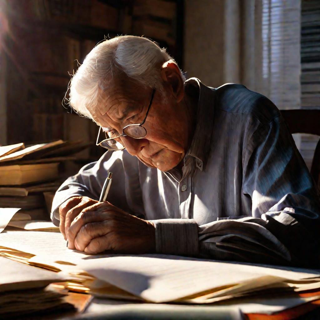 Пожилой математик проверяет вычисления с факториалами в лучах закатного солнца