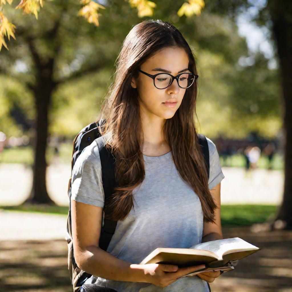 Студентка читает учебник на улице возле университета