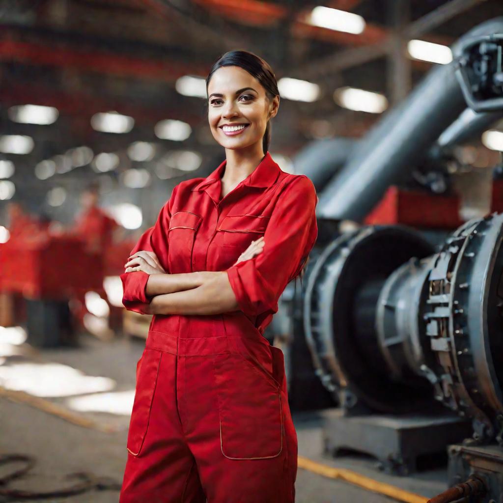 Портрет улыбающейся женщины-работницы завода в красной униформе на фоне крупного оборудования