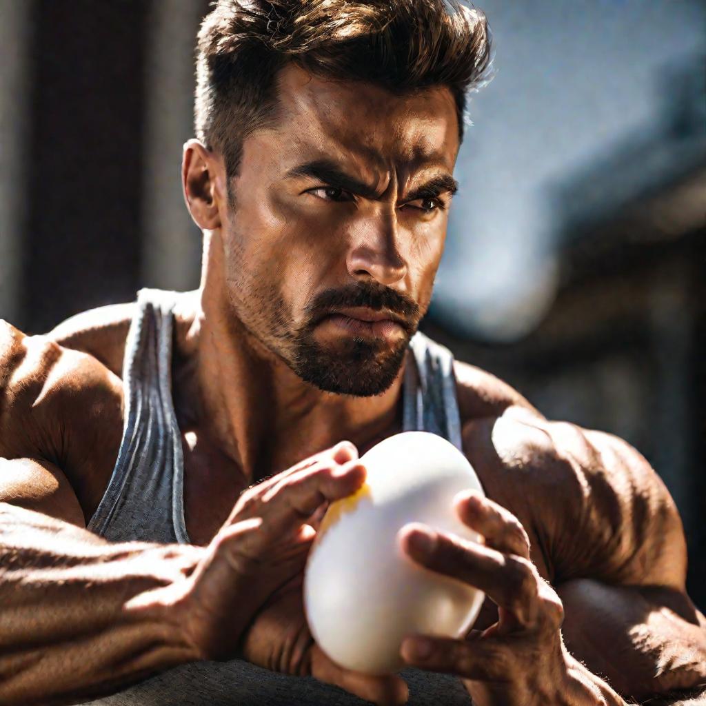 Портрет мускулистого мужчины, поедающего вареное яйцо.