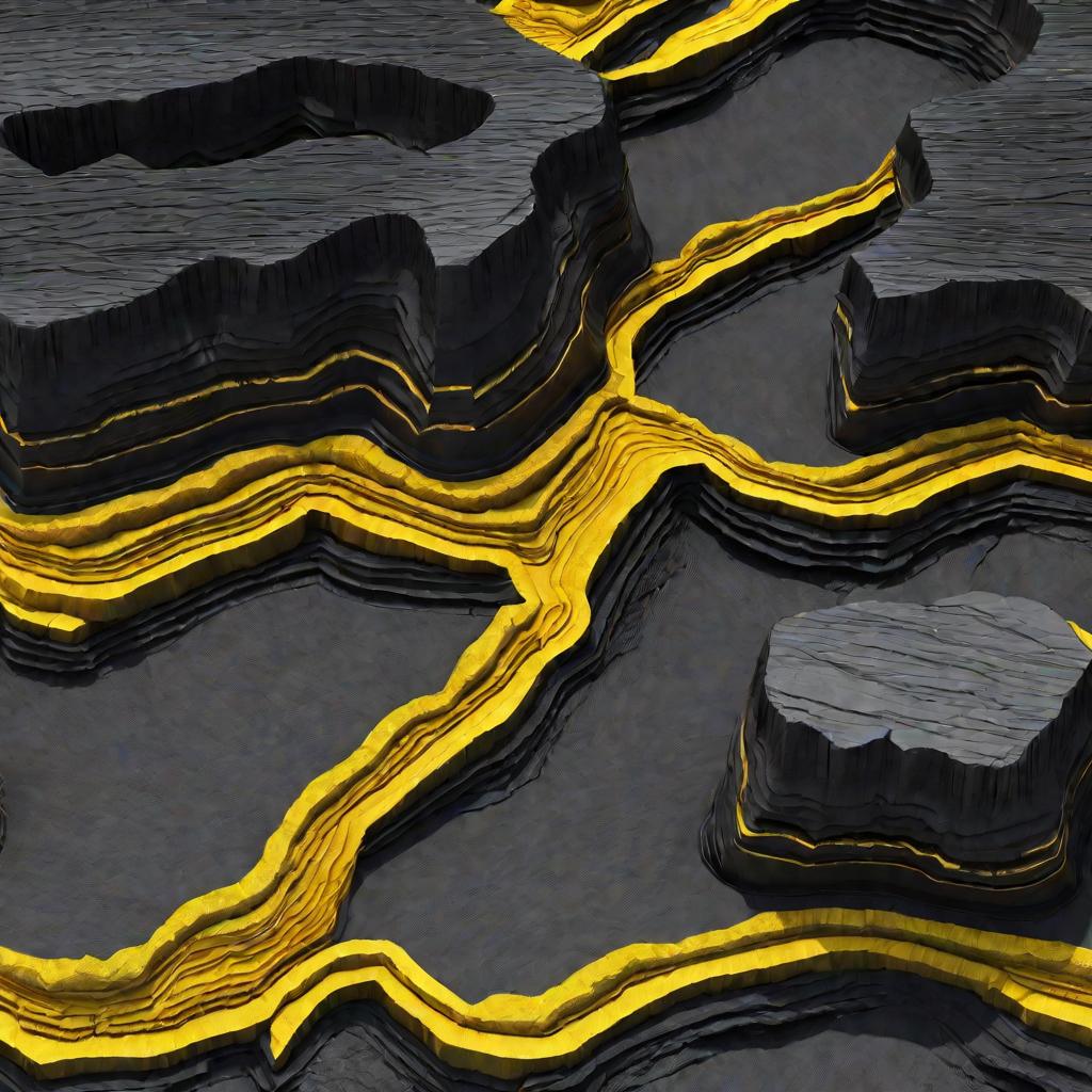3D рендеринг пластов угля с яркими желтыми линиями, выделяющими границы между слоями угля и породами в залежи. Рендер визуализирует геометрию угольных слоев глубоко под землей до начала добычи.