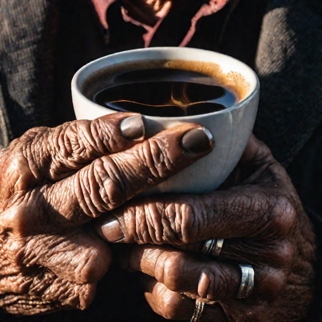Старые руки держат чашку черного кофе