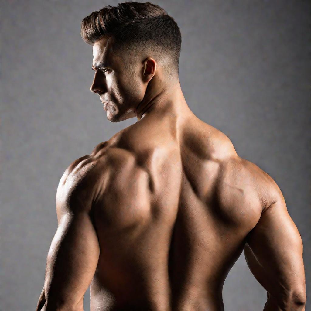 Портрет мускулистого мужчины без рубашки показывает широкую спину с развитыми мышцами