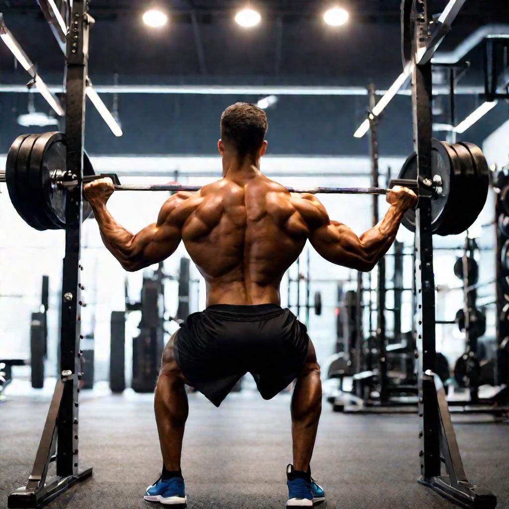 Мужчина выполняет упражнение тягу штанги в наклоне узким хватом нагружая мышцы верхней части спины