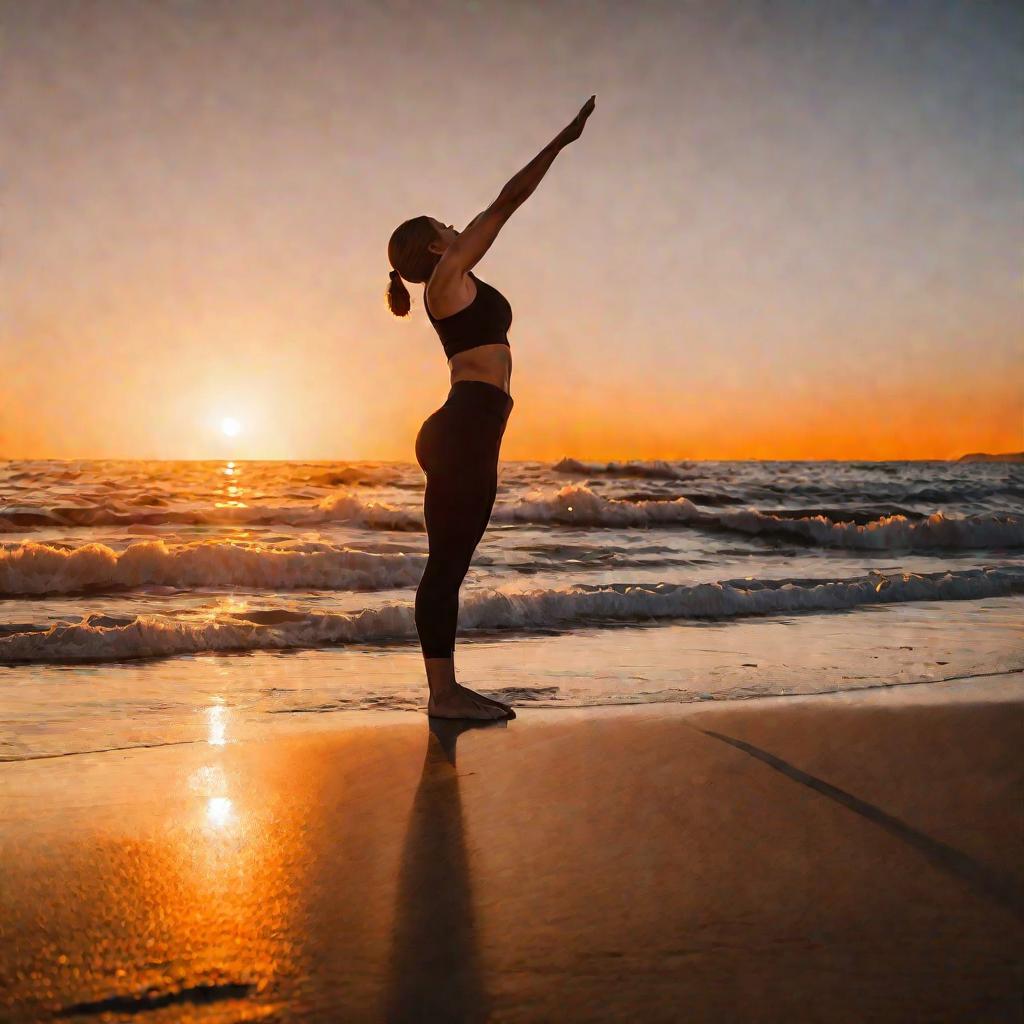 Женщина выполняет на пляже наклон вперед на закате