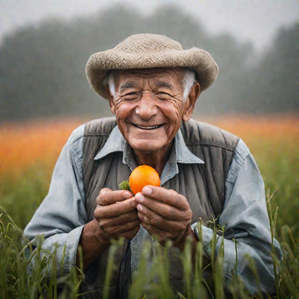 Пожилой мужчина держит маленький росток моркови