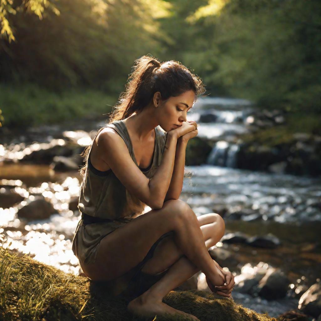 Женщина, несчастная из-за шершавых локтей, сидит у реки