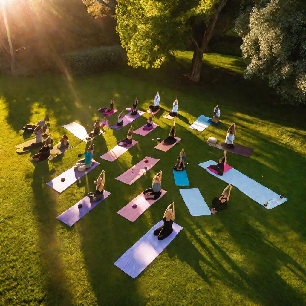 Группа людей делает йогу вместе на лугу в парке на закате