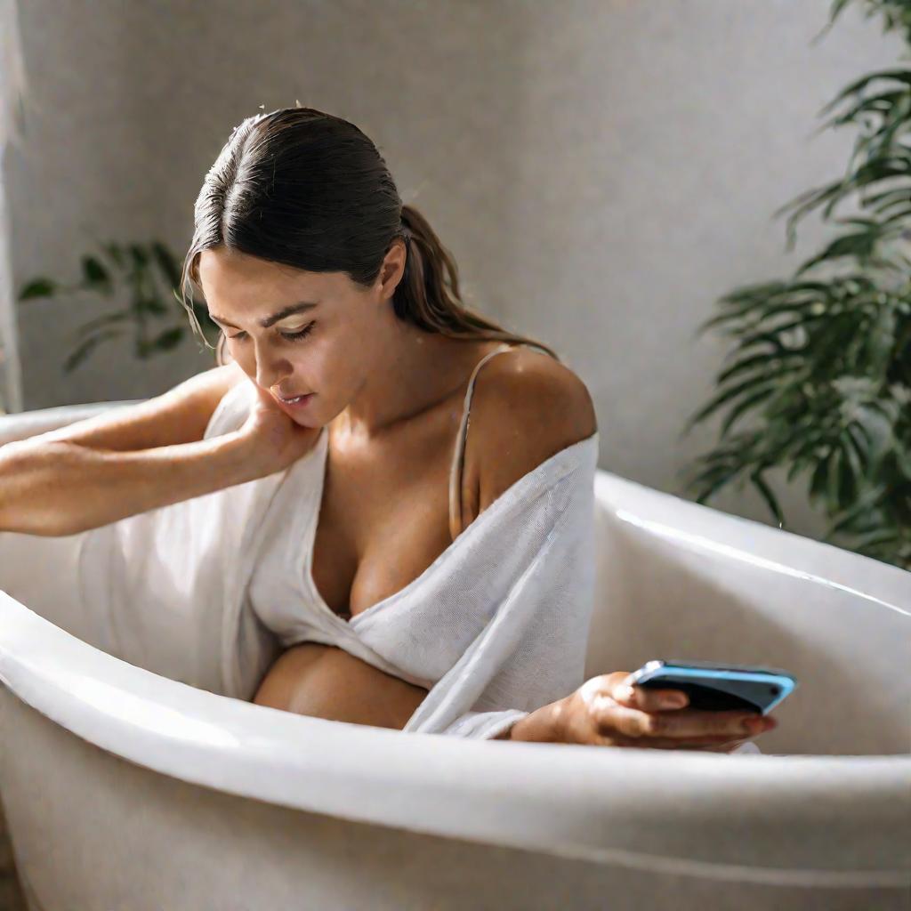 Беременная женщина, читающая в ванне о рисках горячей воды