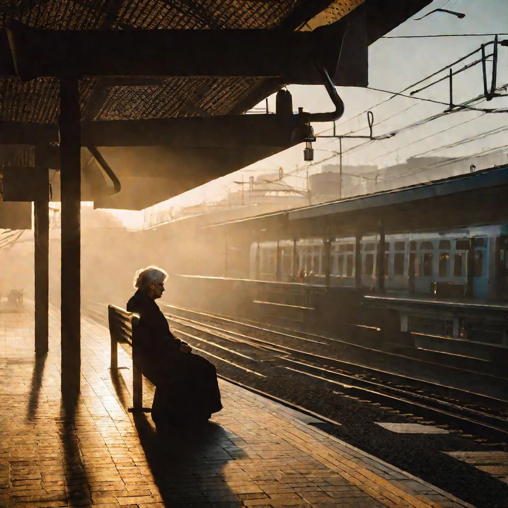 Одинокая пожилая женщина на вокзале с мушками в глазах