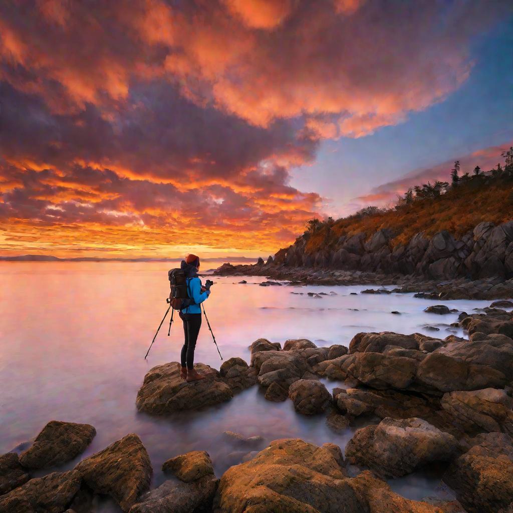 Девушка-фотограф на берегу моря фотографирует рассвет