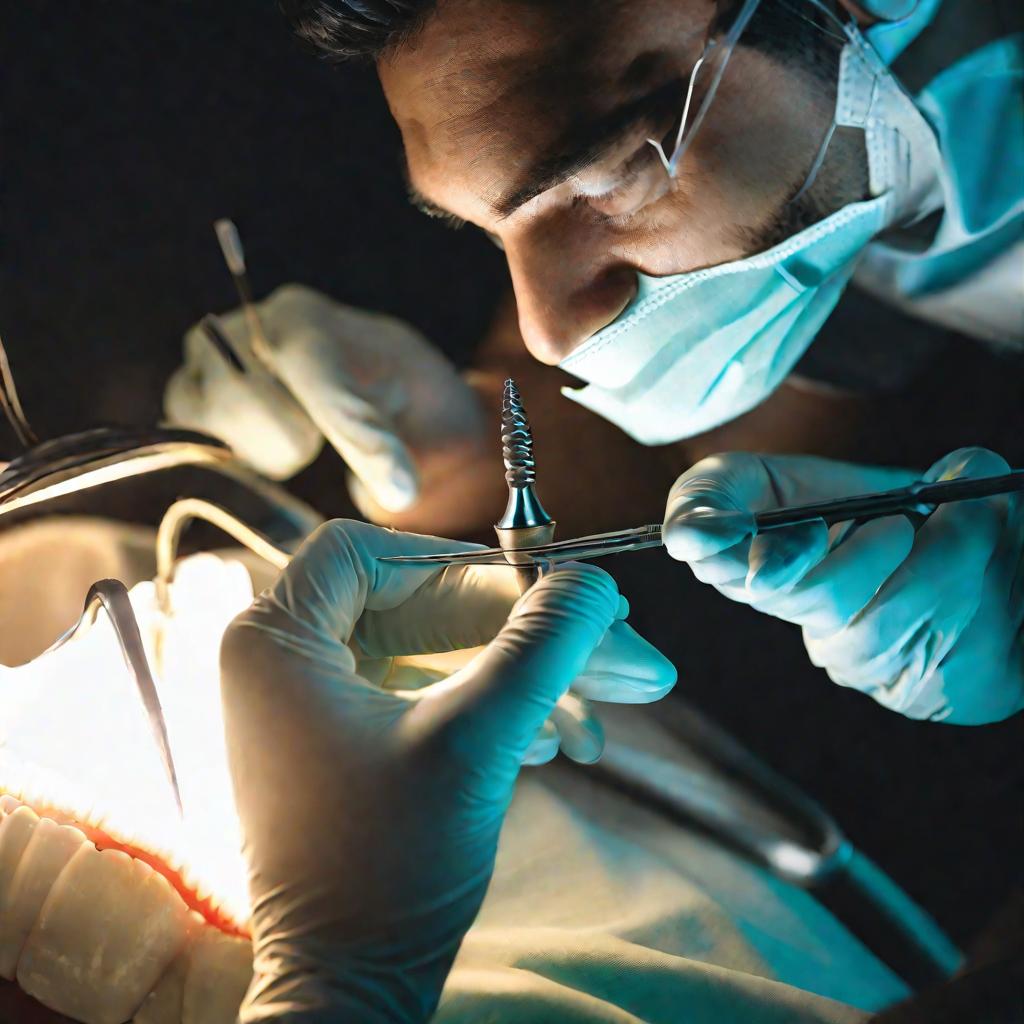 Стоматолог осматривает зубной ряд пациента металлическими инструментами.