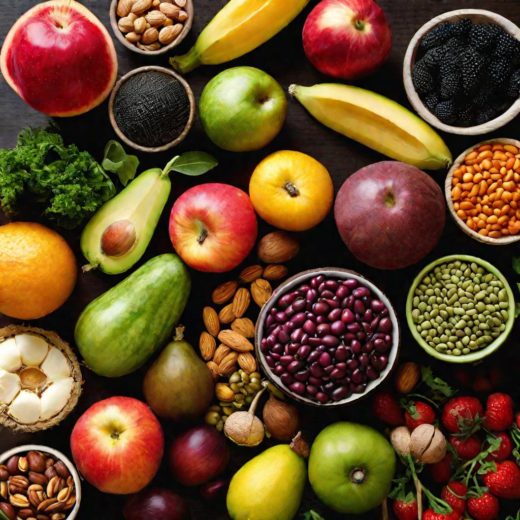 Вид сверху на различные фрукты, овощи, орехи и бобовые, разложенные на столе. Полезные растительные продукты, богатые клетчаткой, помогают пищеварению и предотвращают вздутие живота