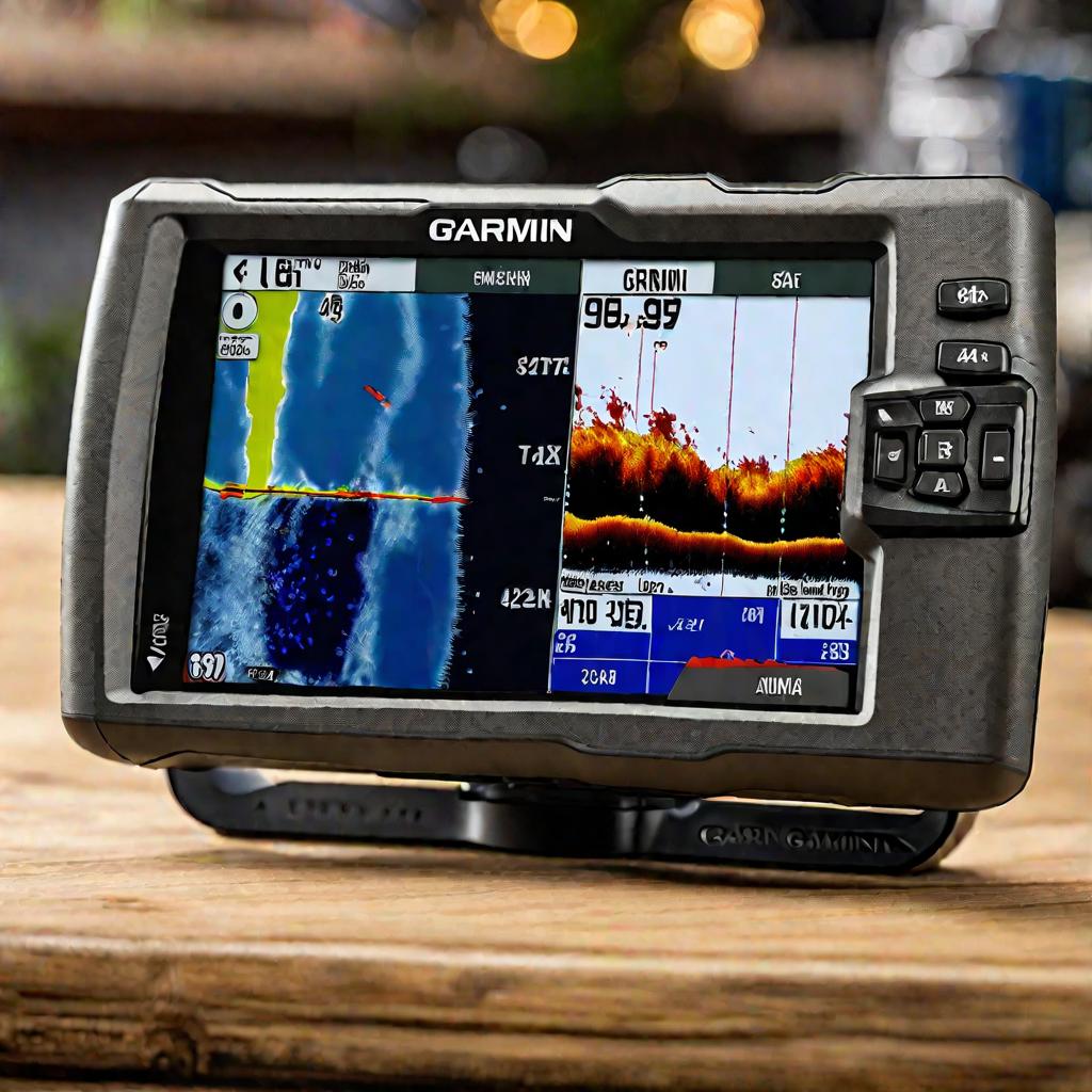 Эхолот Garmin Striker 4 на столе, детально показан интерфейс.