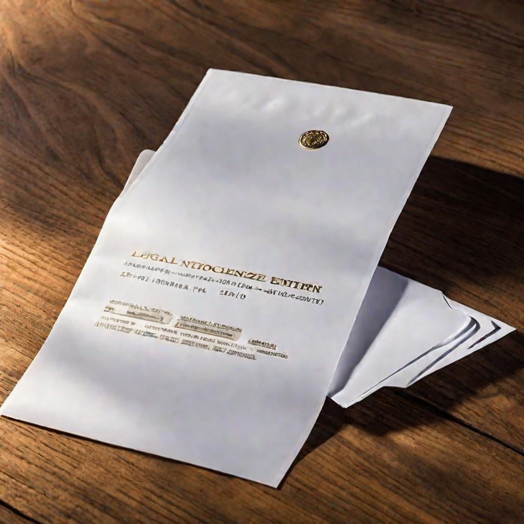 Вид снизу на белый юридический конверт с прозрачным адресным окном на деревянном столе. В окне виден текст - Уведомление об изменении реквизитов организации.