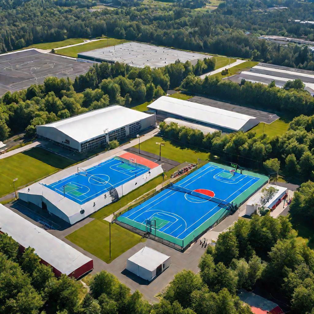 Вид сверху на спорткомплекс с тремя площадками для баскетбола, где тренируется молодежь