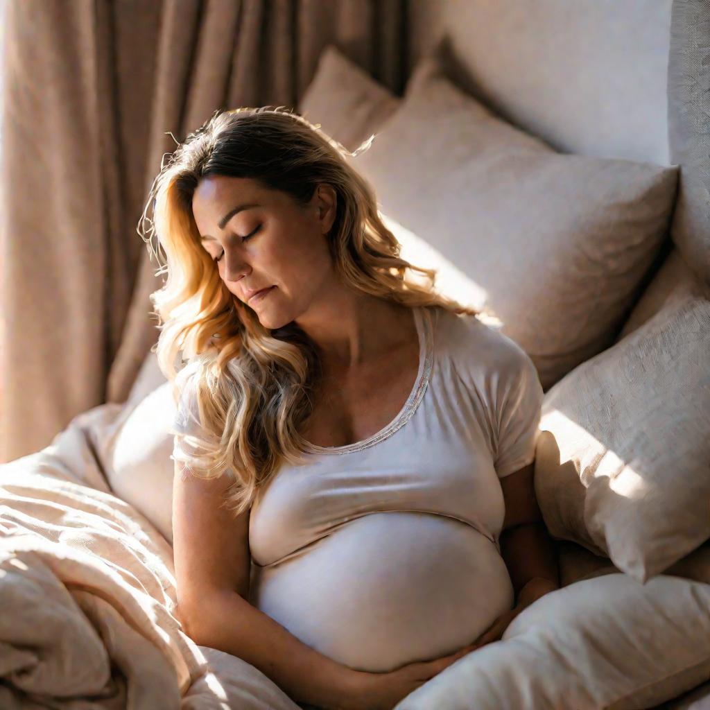 Беременная женщина с большим животом сидит в кровати, опираясь на подушки