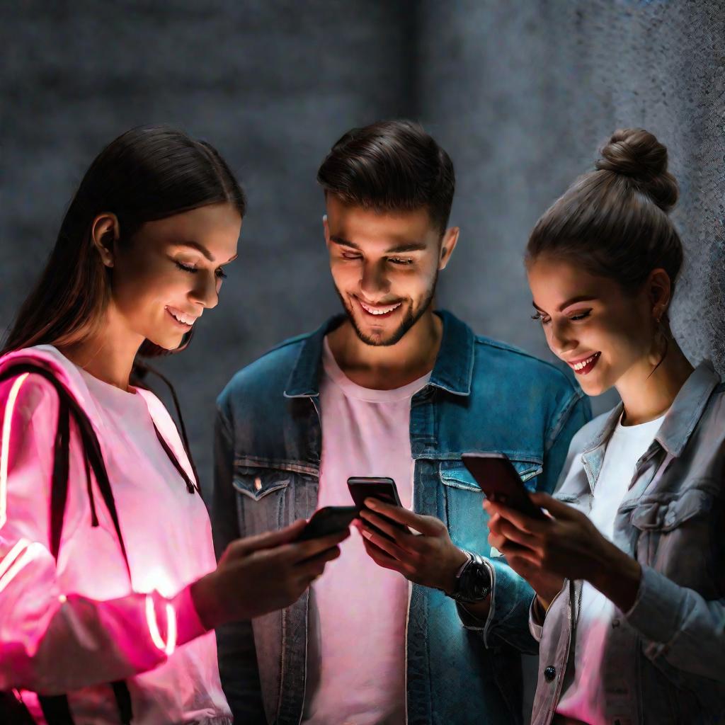 Нейтральный полный крупный план трех молодых людей, использующих светящиеся неоновым светом смартфоны для онлайн-платежей и переводов через мобильное приложение Сбербанк Онлайн на фоне серой бетонной стены.