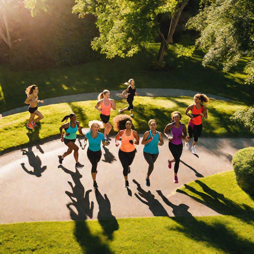 Группа активных женщин бегут по солнечному парку в летний день, демонстрируя важность физических упражнений для профилактики ПМС и тошноты.