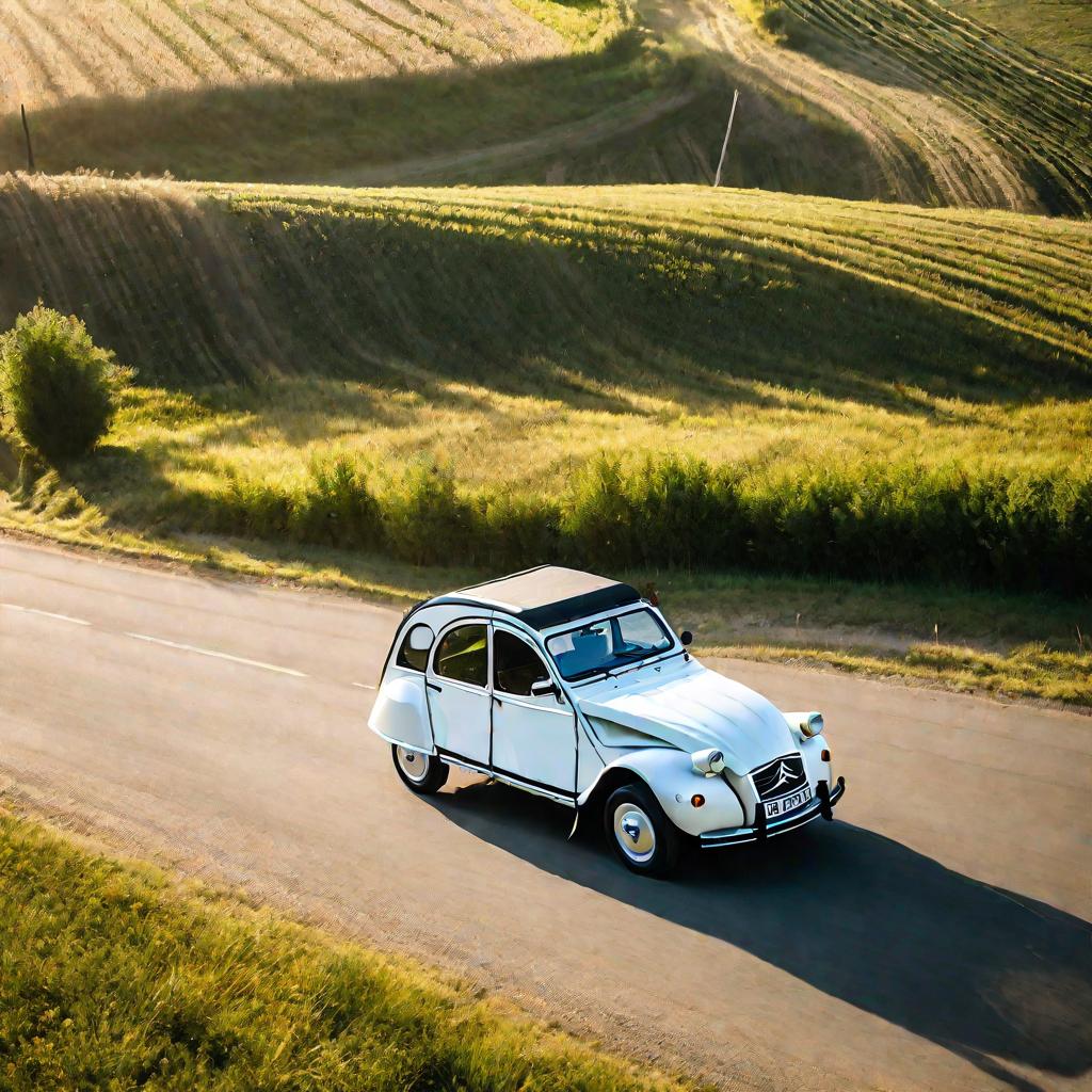 Фото белого авто Ситроен 2CV с догоняющей тенью на солнечной проселочной дороге летом.