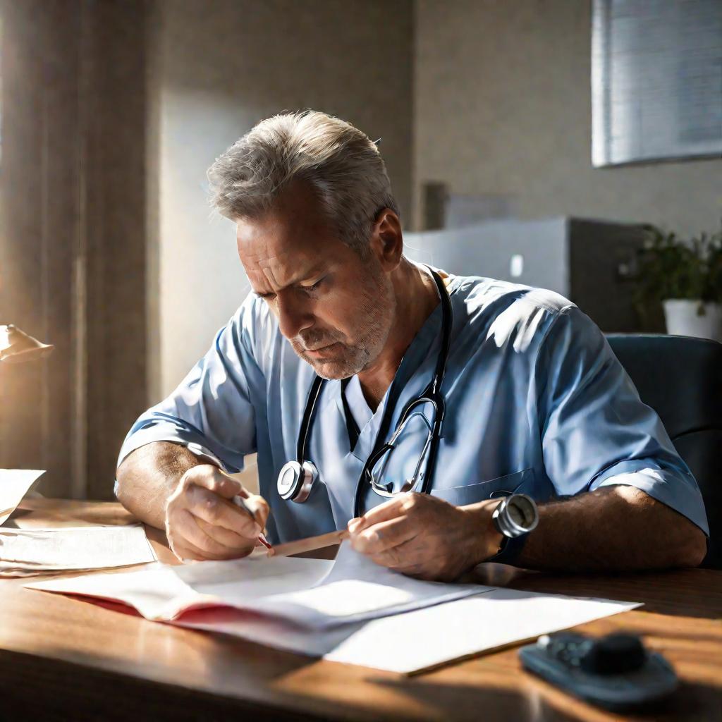 Мужчина средних лет сидит за столом и смотрит обеспокоенно на бумагу с результатами анализов. На столе лежат тонометр и стетоскоп. Изображение передает получение неожиданного диагноза.