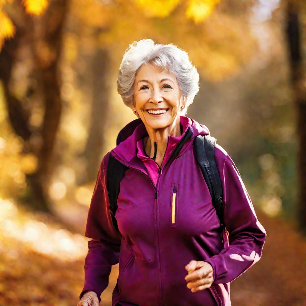 Пожилая женщина с седыми волосами бодро идет по лесной тропинке в солнечный осенний день. На ней спортивный костюм цвета сливы. Изображение пропагандирует здоровый образ жизни.