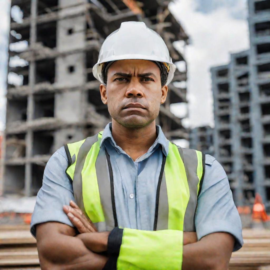 Портрет недовольного рабочего в каске на фоне недостроенных зданий