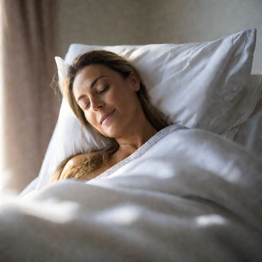 Женщина лежит в больничной кровати с рукой на животе и улыбкой облегчения на лице.