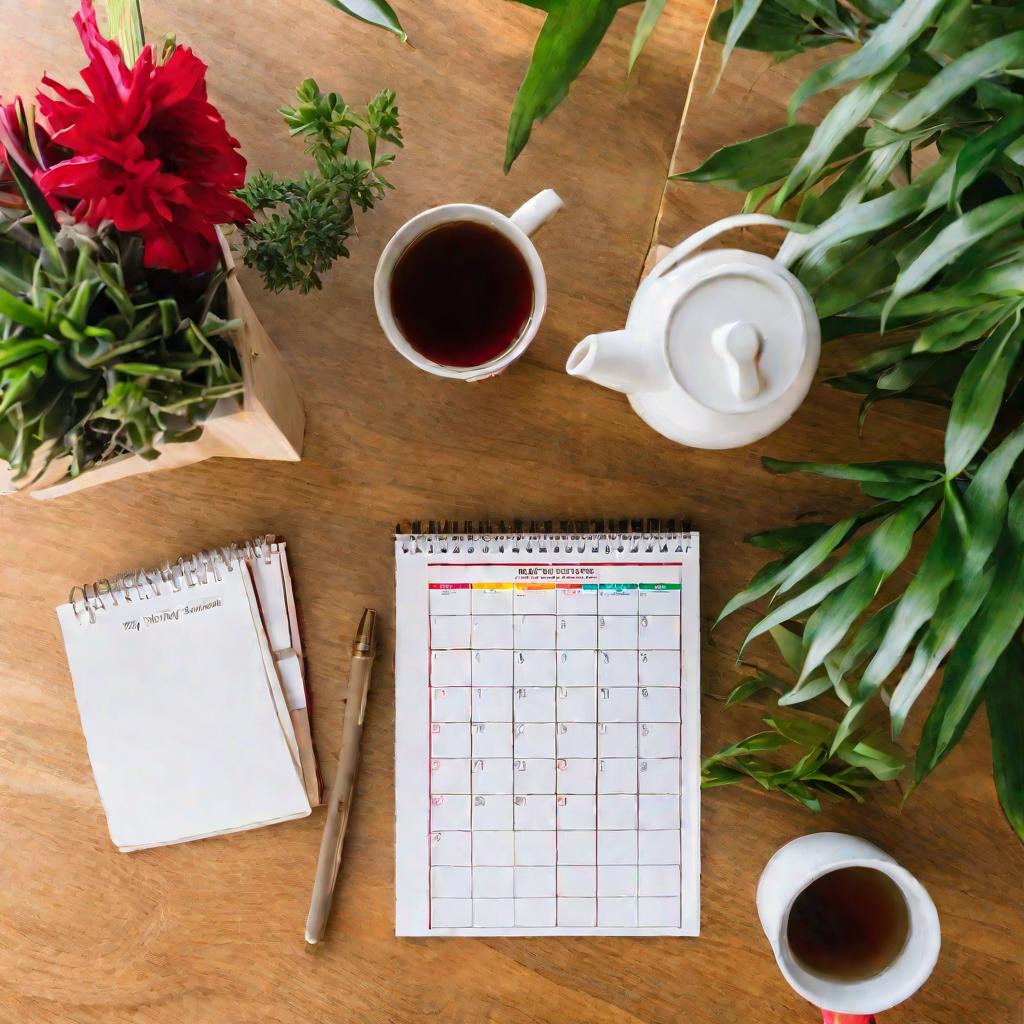 Вид сверху на стол с менструальным календарем, ручкой и кружкой чая на фоне кремовых стен с растениями по бокам.